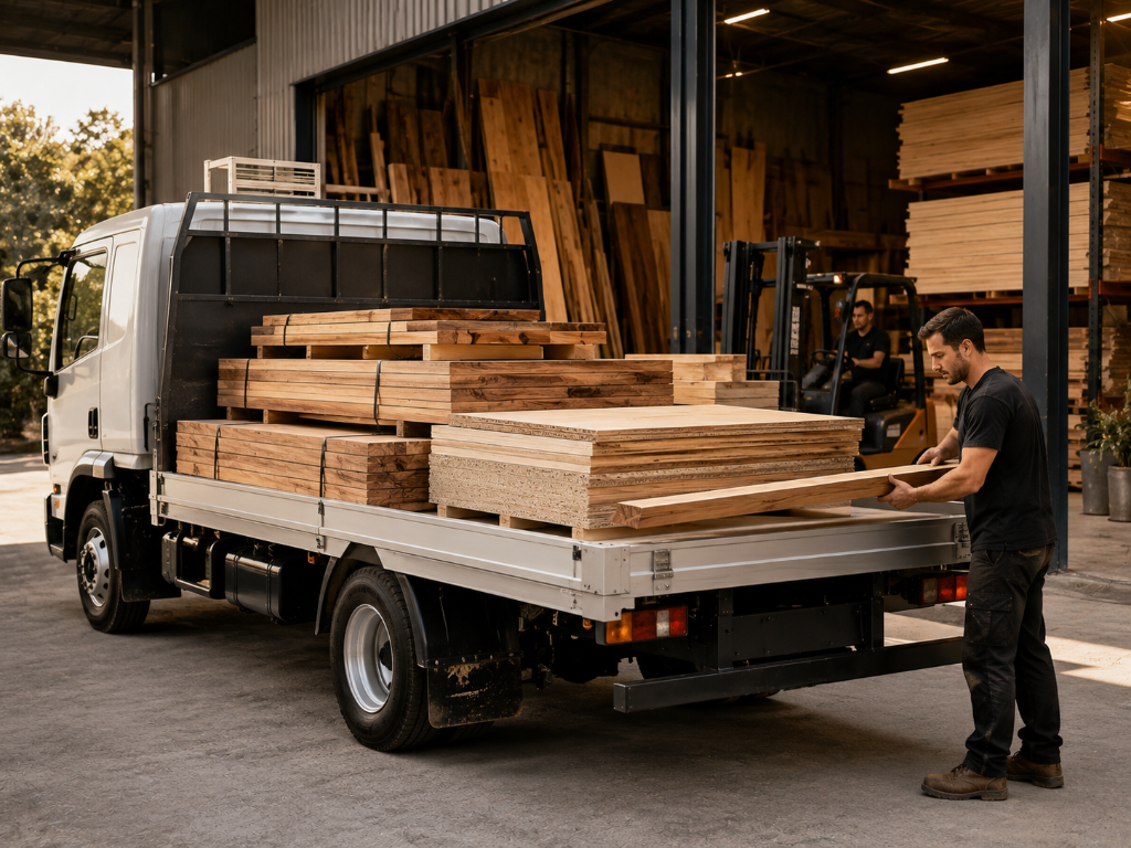 White flatbed delivery truck loaded with stacked lumber boards at a lumber yard
