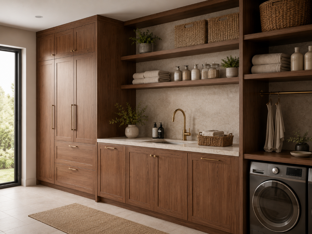 Laundry room with dark wood cabinetry, stone countertop, sink and integrated washing machine