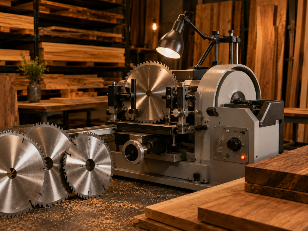 Industrial circular saw blade sharpening machine in a woodworking workshop