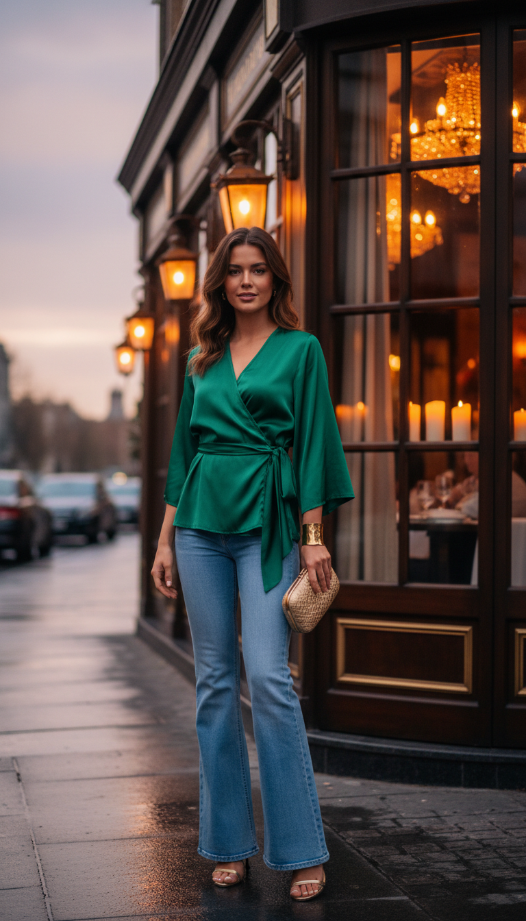 Woman wearing emerald green silk wrap top with light blue flare jeans and gold heels