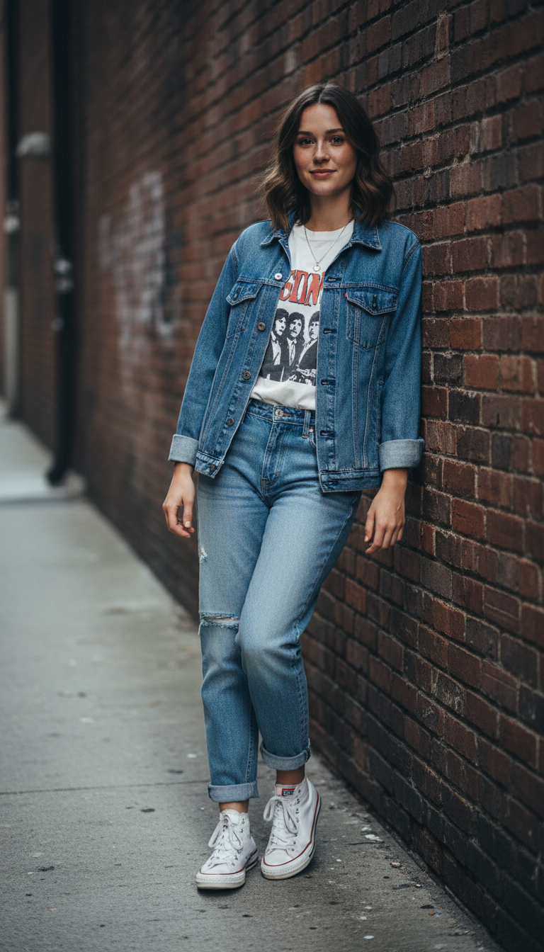Woman wearing denim jacket over graphic tee with light blue boyfriend jeans