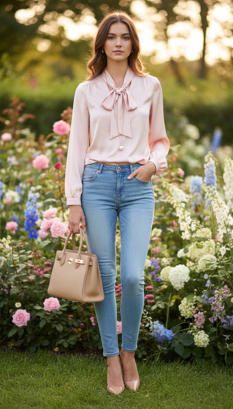 Woman wearing pink satin blouse with light blue skinny jeans and nude heels