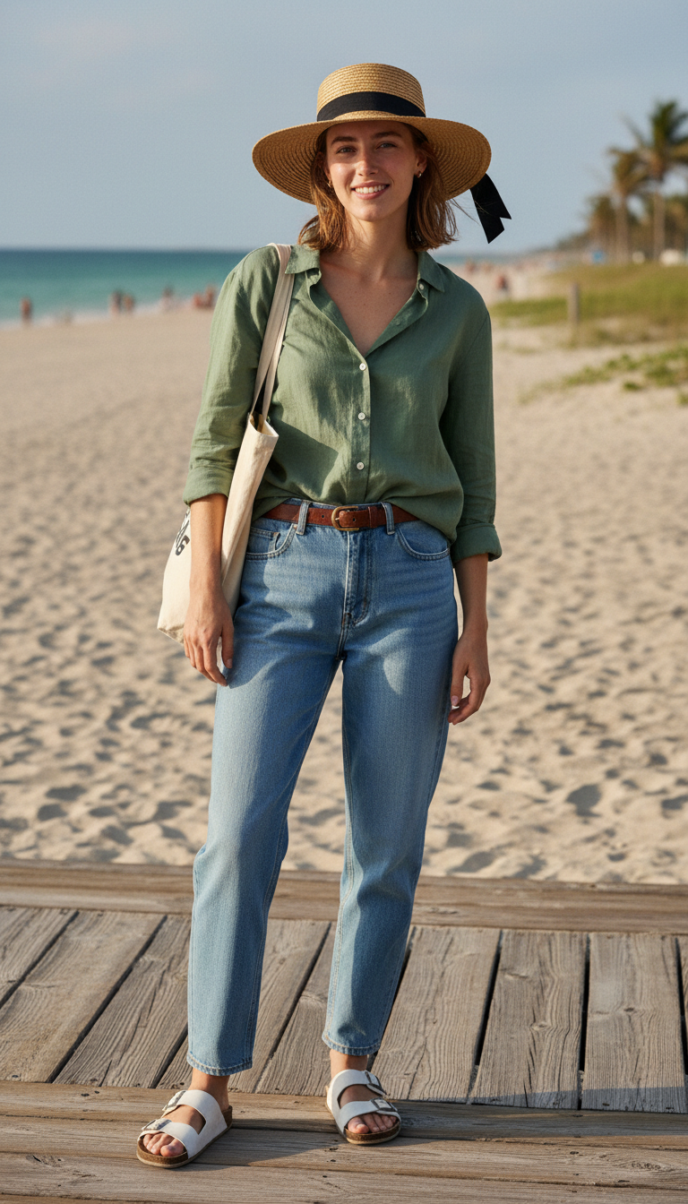 Woman wearing sage green linen shirt with light blue relaxed jeans and sun hat