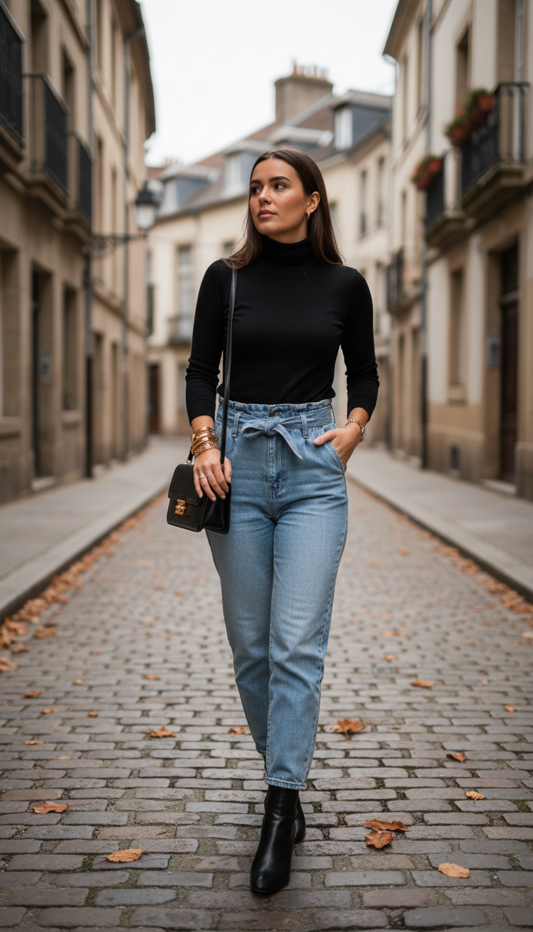 Woman wearing black turtleneck with light blue paper bag waist jeans and ankle boots