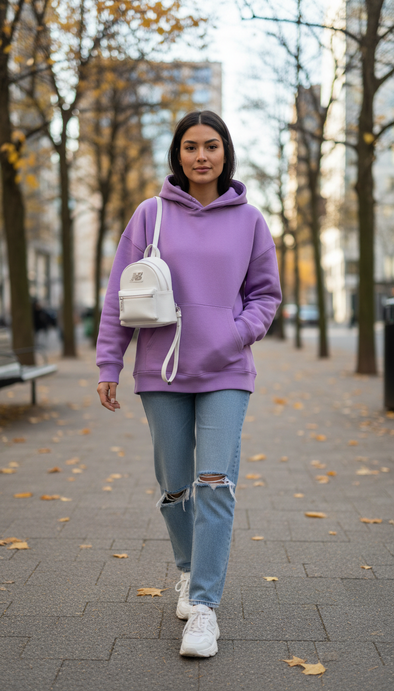 Woman wearing lavender hoodie with distressed light blue jeans and chunky sneakers