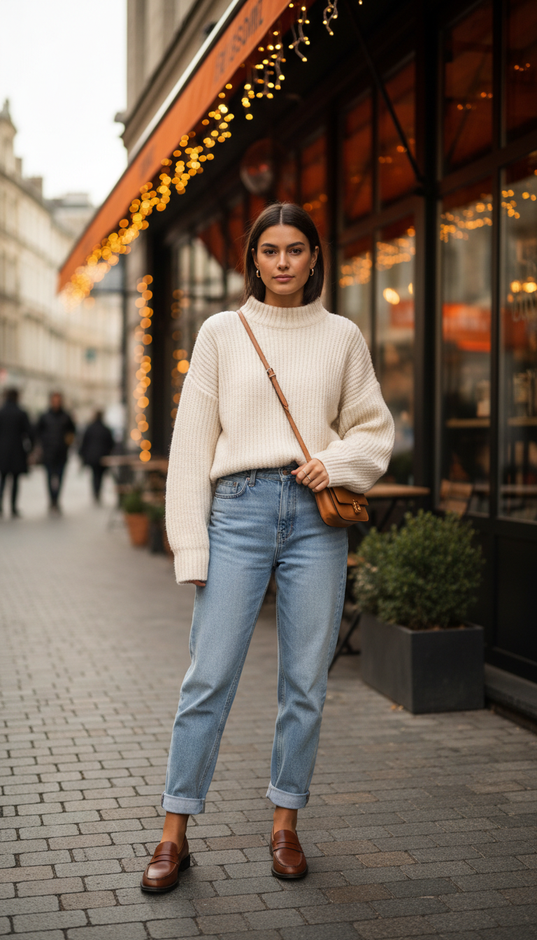 Woman in oversized cream sweater with light blue mom jeans and brown loafers