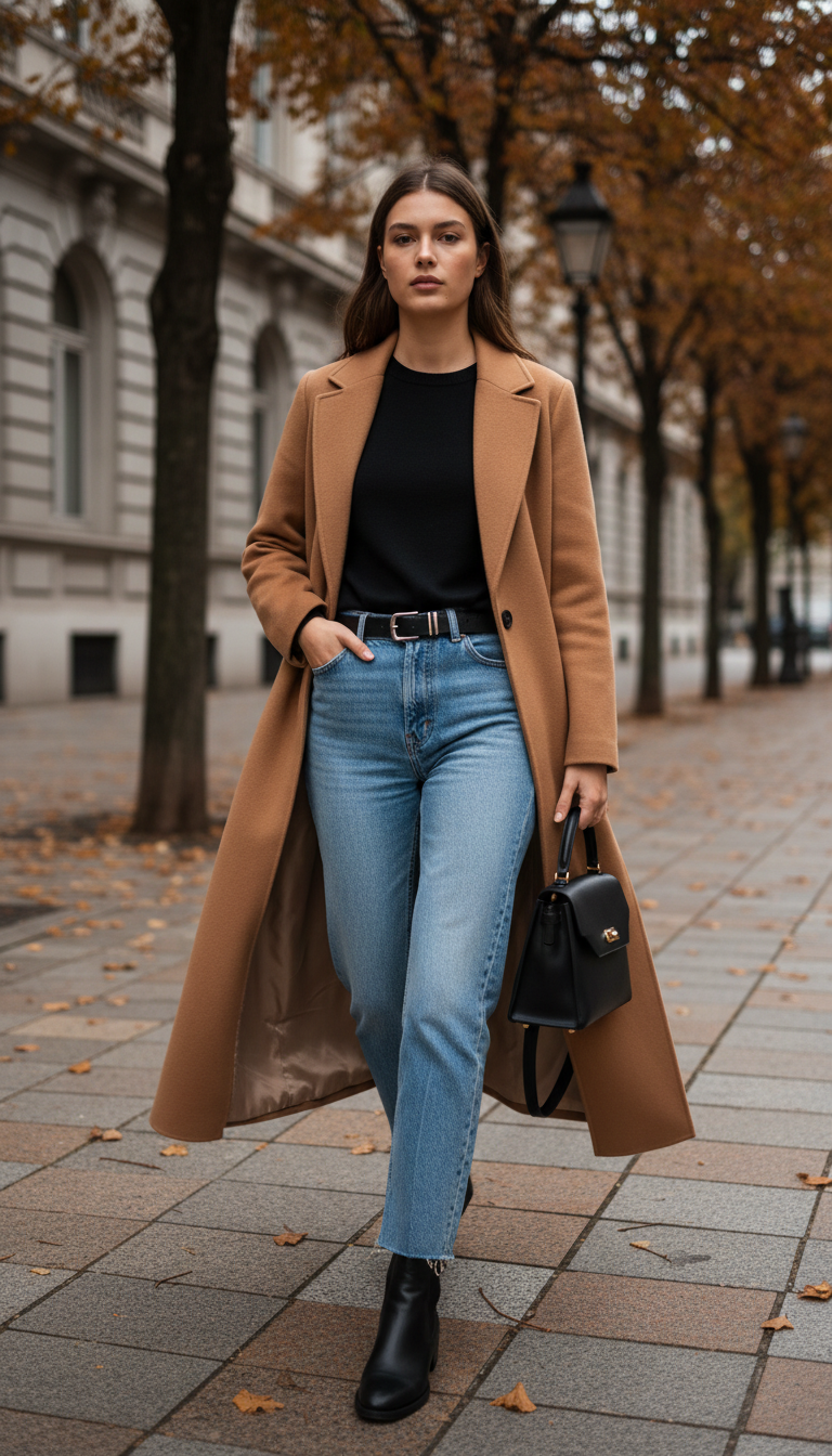 Woman wearing camel wool coat over black top with light blue jeans and Chelsea boots