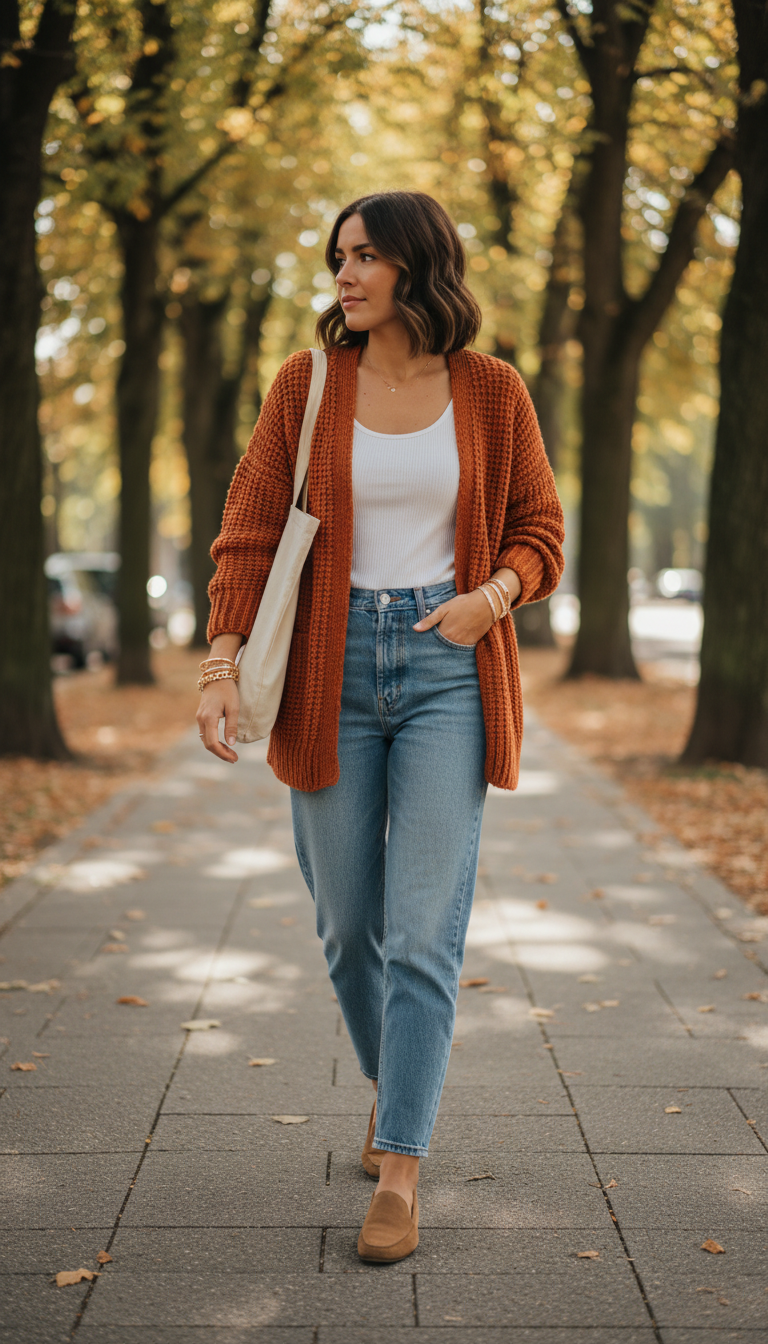 Woman wearing rust orange cardigan with light blue relaxed jeans and suede loafers