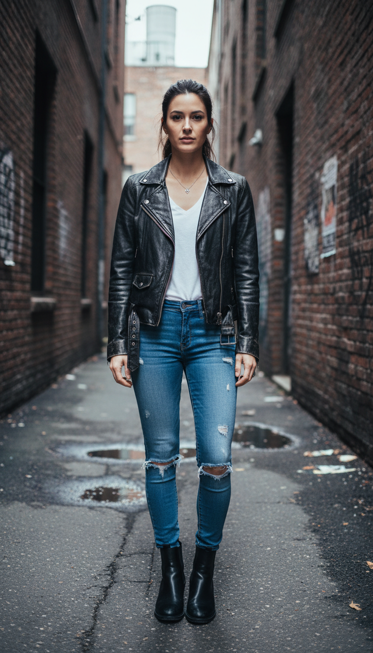 Woman wearing black leather moto jacket with distressed blue skinny jeans and Chelsea boots