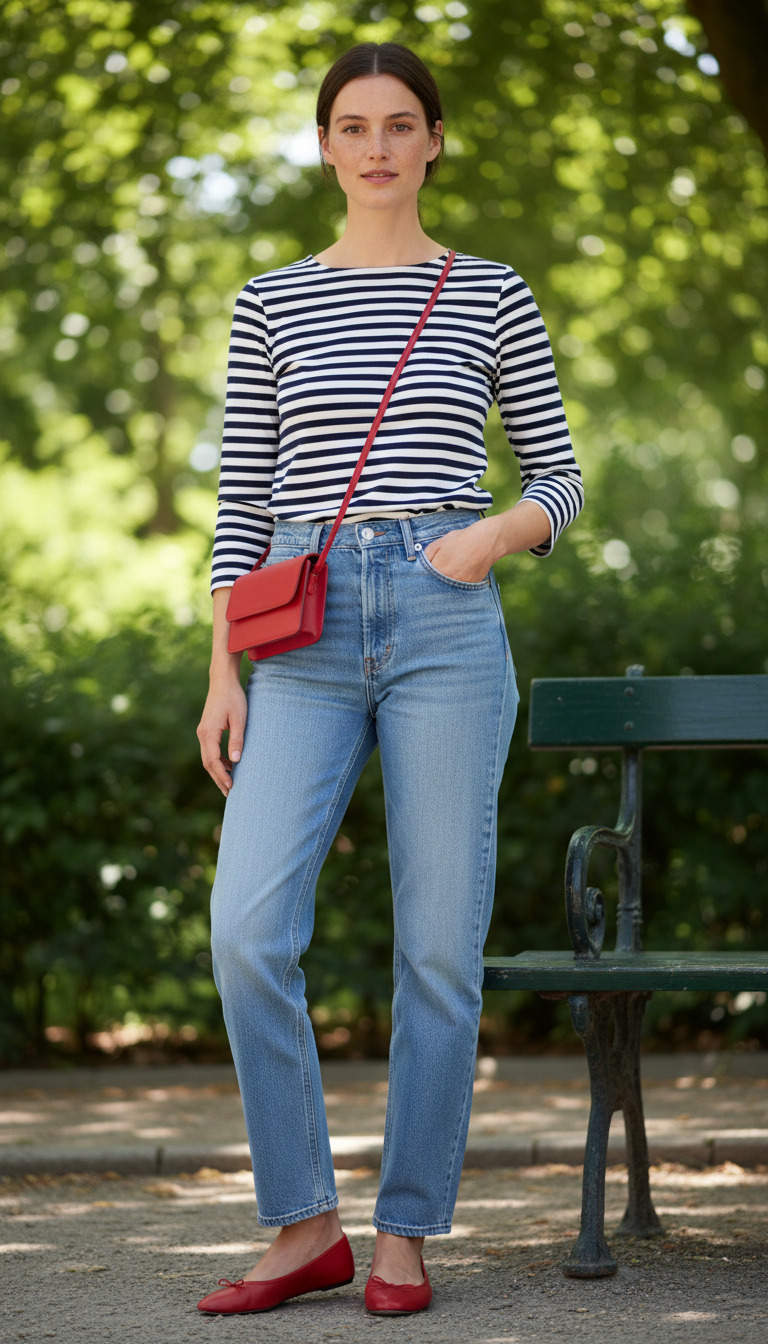 Woman wearing navy Breton stripe top with light blue jeans and red ballet flats