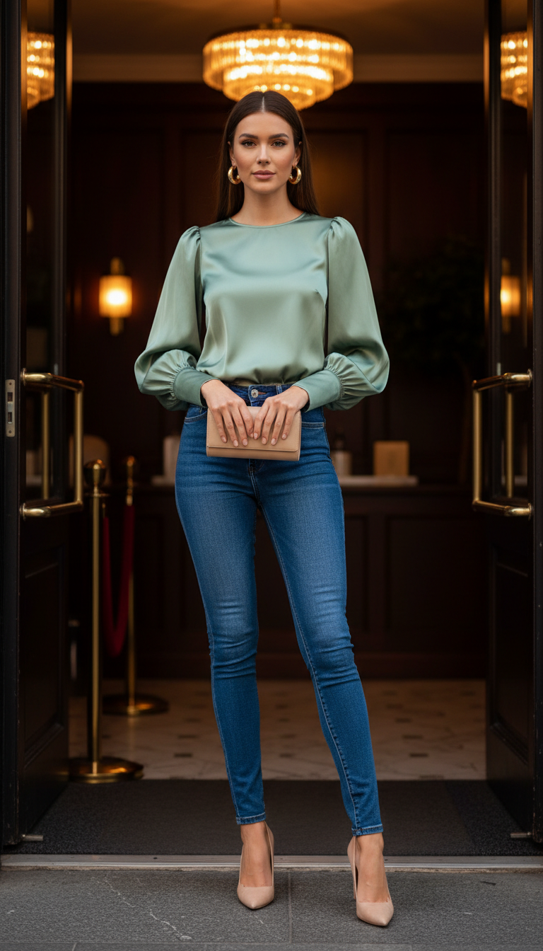 Woman wearing sage green satin blouse with dark blue skinny jeans and nude heels