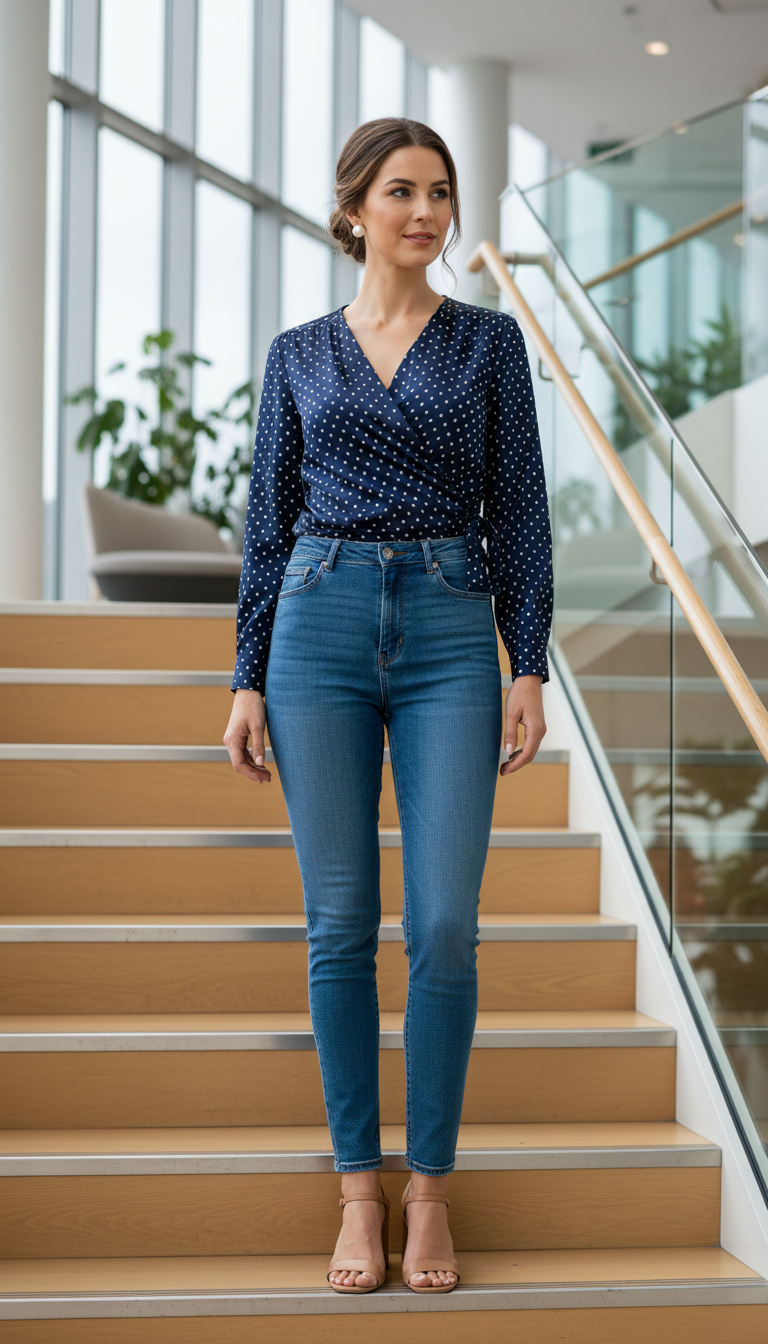 Woman wearing navy polka dot wrap blouse with blue slim-fit jeans and nude sandals
