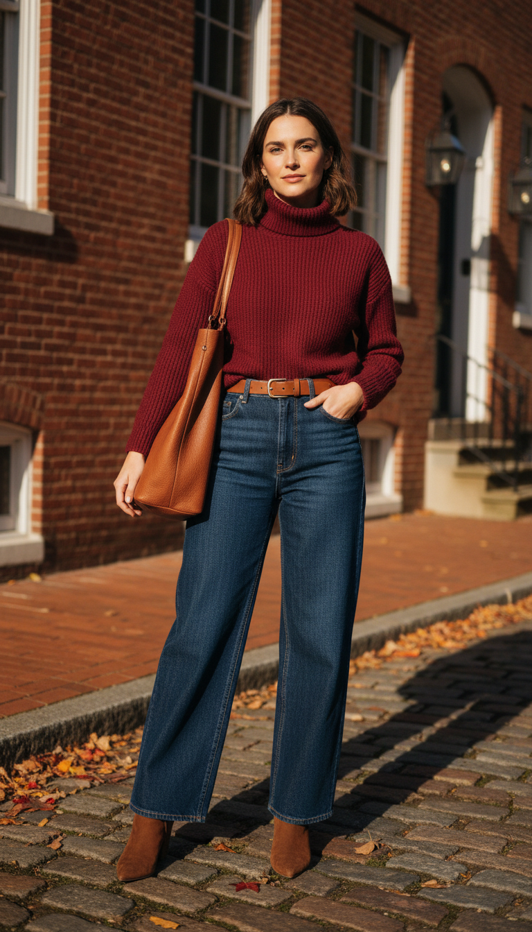 Woman wearing burgundy turtleneck with dark blue wide-leg jeans and suede boots