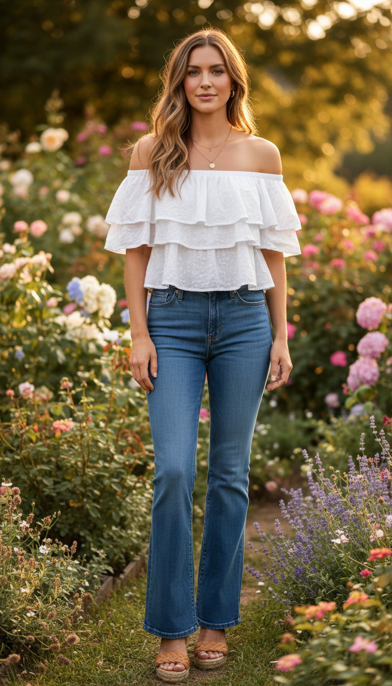 Woman wearing white off-shoulder ruffled top with blue flared jeans and wedge espadrilles in garden