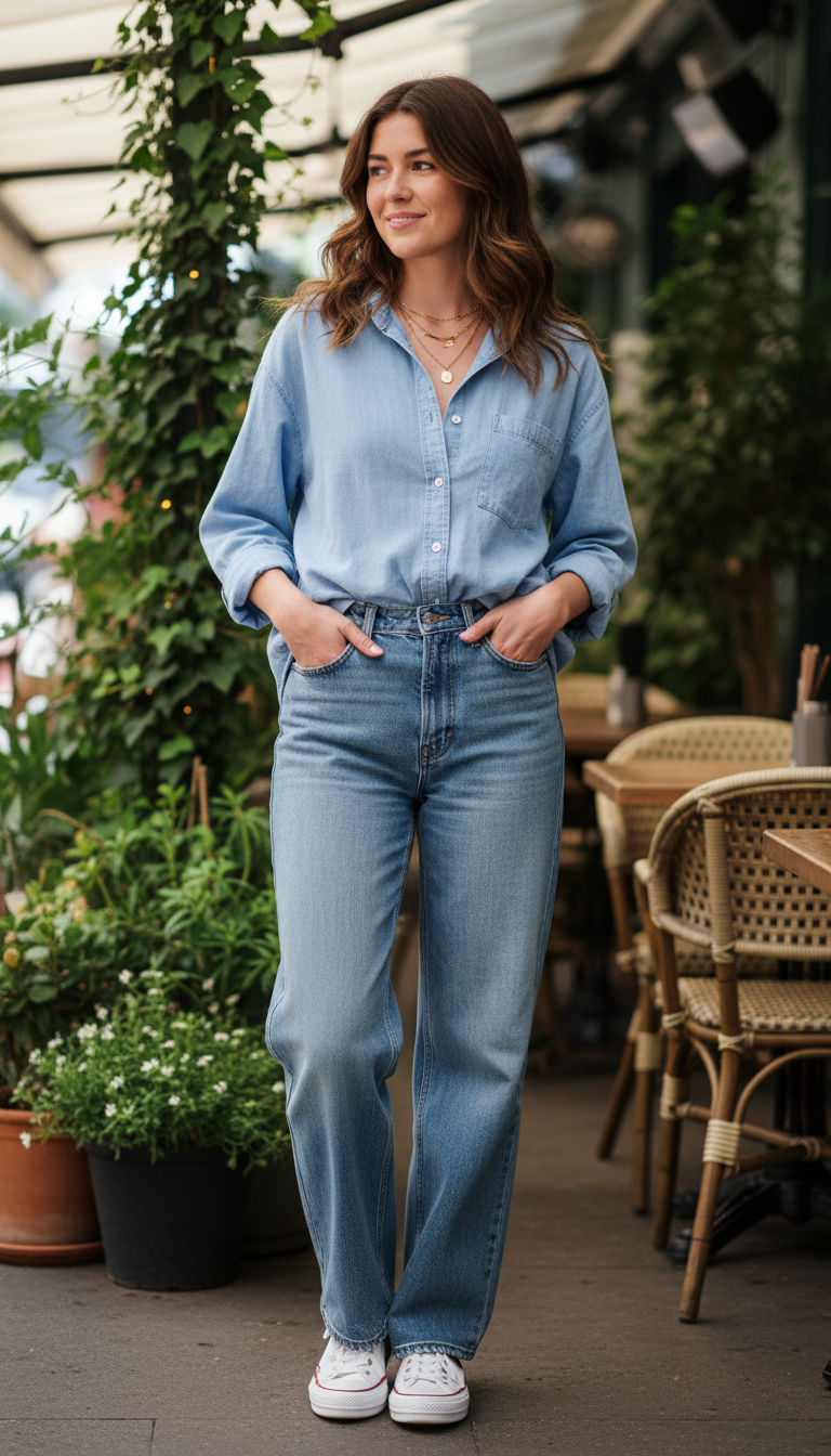 Woman wearing light blue denim shirt with light blue wide-leg jeans and white sneakers