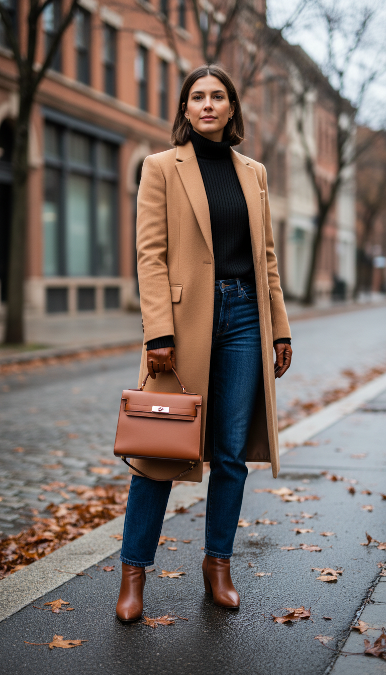 Woman wearing camel coat over black turtleneck with dark blue jeans and brown boots