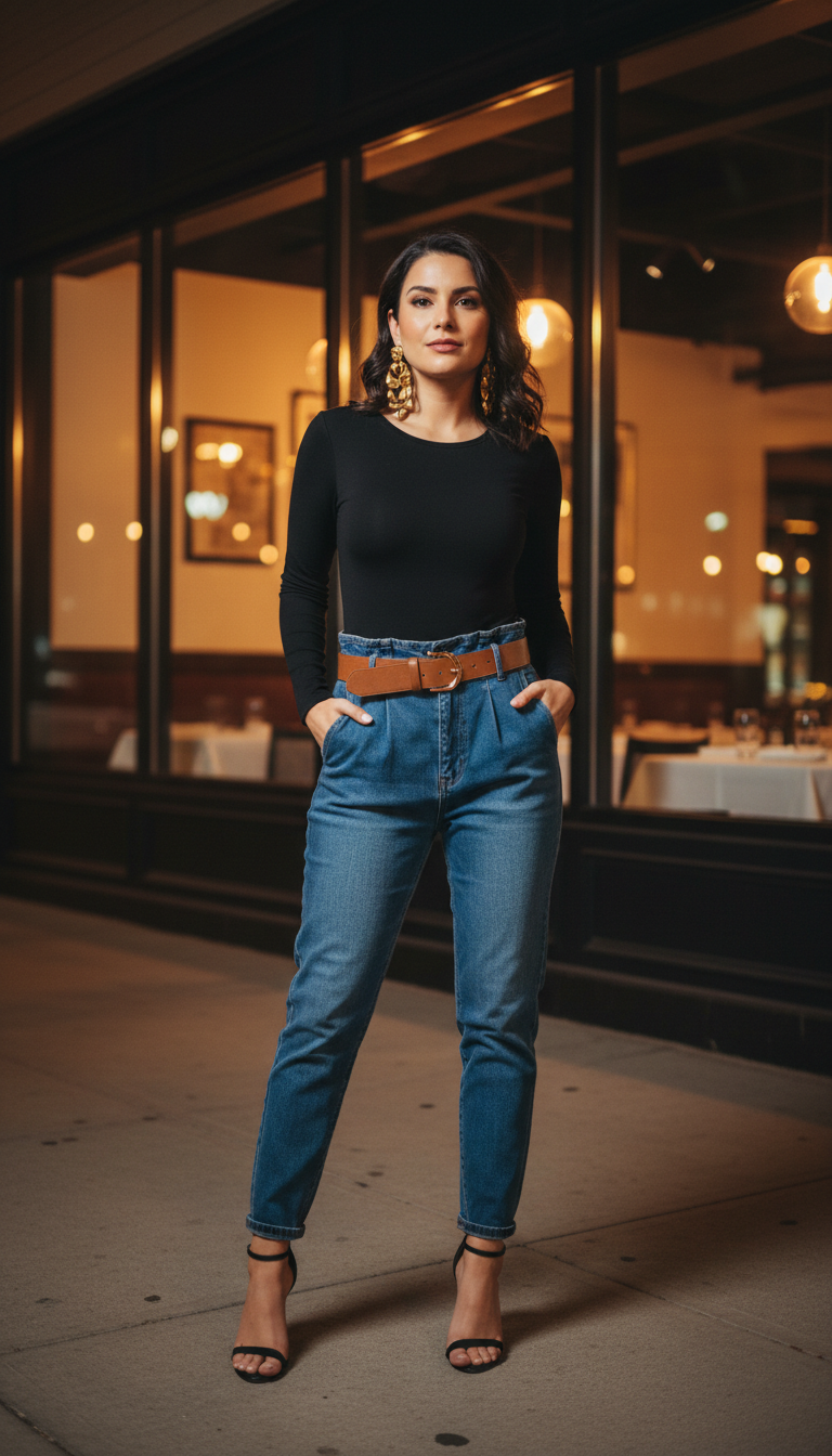 Woman wearing black bodysuit with paper bag waist blue jeans and strappy heels