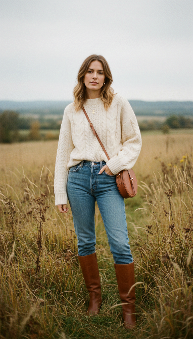 Woman wearing cream cable-knit sweater with blue straight-leg jeans and brown riding boots in countryside