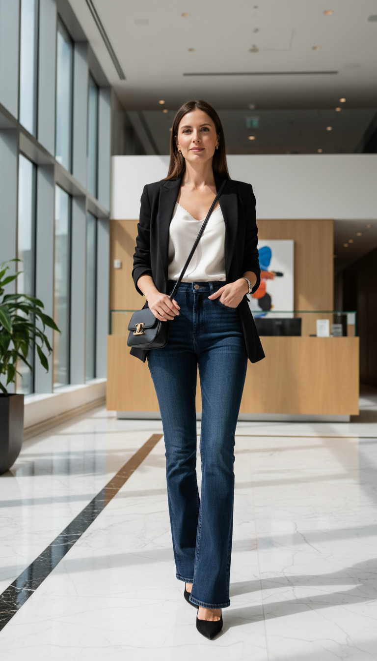 Woman wearing black blazer with dark blue bootcut jeans and heels in office lobby