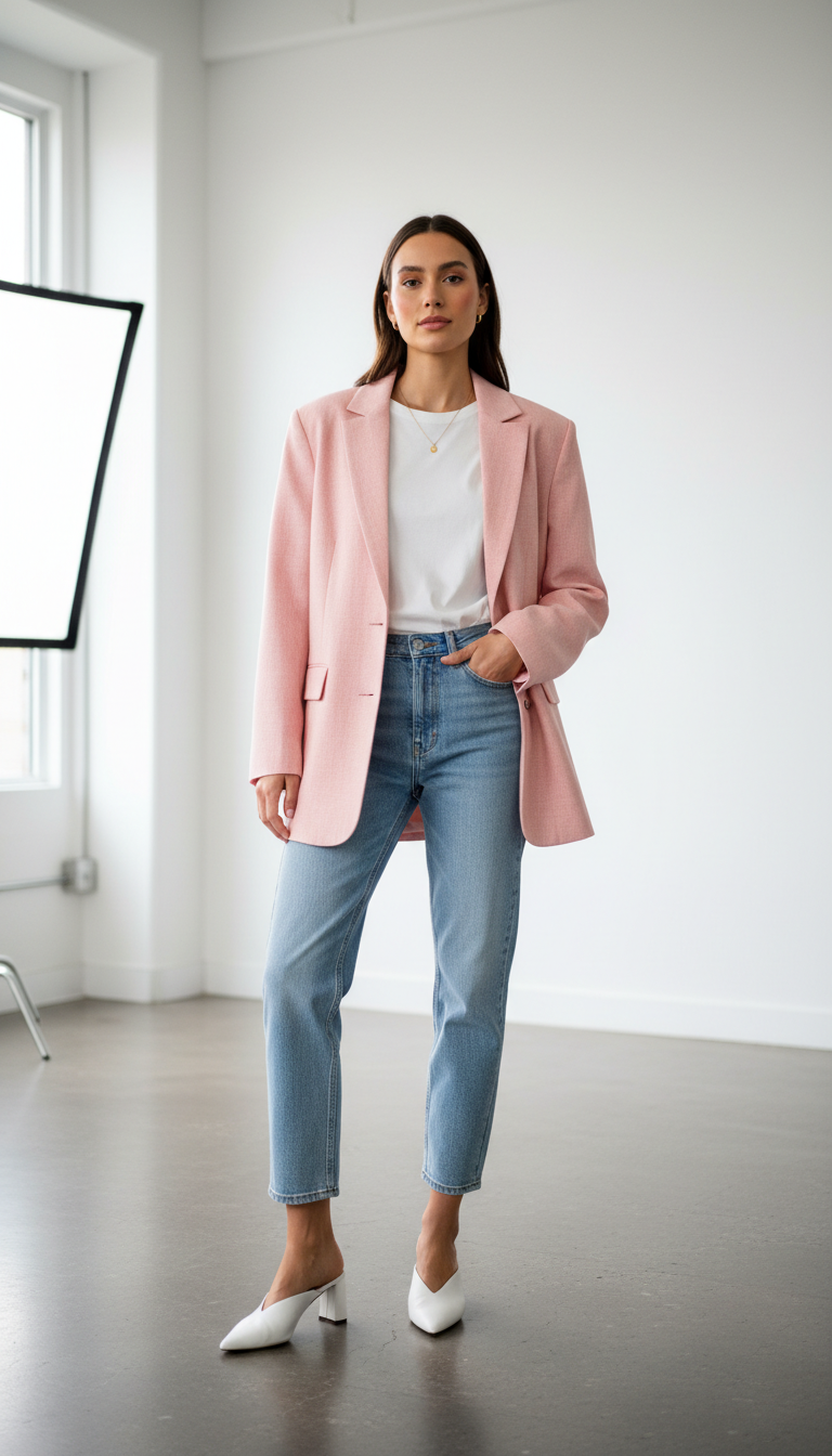Woman wearing pastel pink blazer with light blue straight-leg jeans and white mules