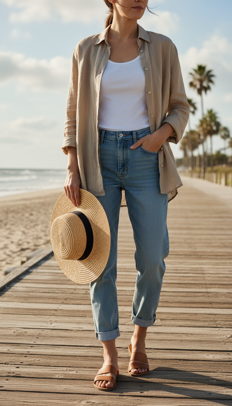 Woman wearing beige linen shirt with light blue boyfriend jeans and sandals on boardwalk