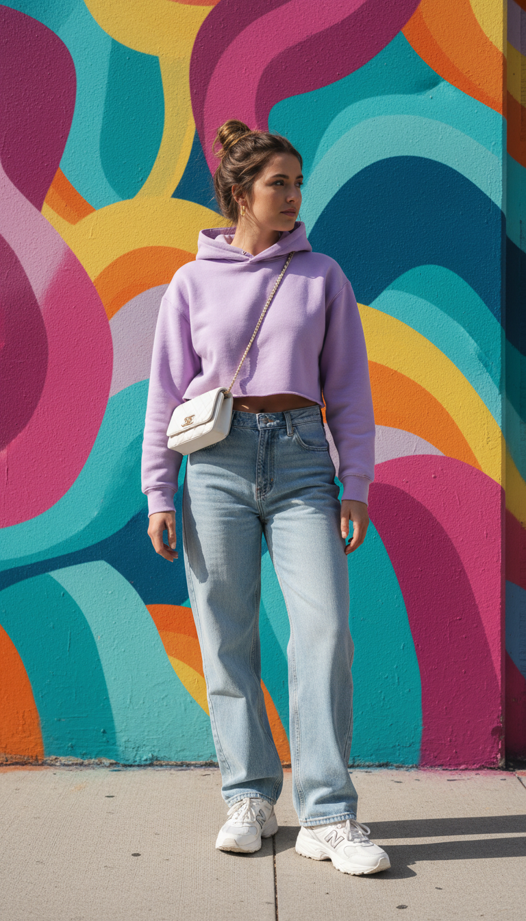 Woman wearing lavender cropped hoodie with light blue wide-leg jeans and chunky white sneakers