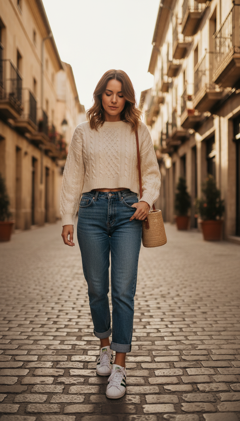 Woman wearing cream cropped sweater with blue mom jeans and white sneakers on cobblestone street