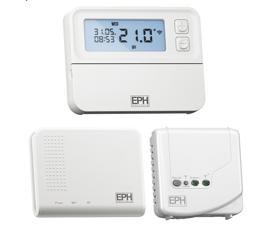EPH Controls CP4I Wireless Smart Thermostat system — wall-mounted thermostat, WiFi gateway, and boiler control receiver
