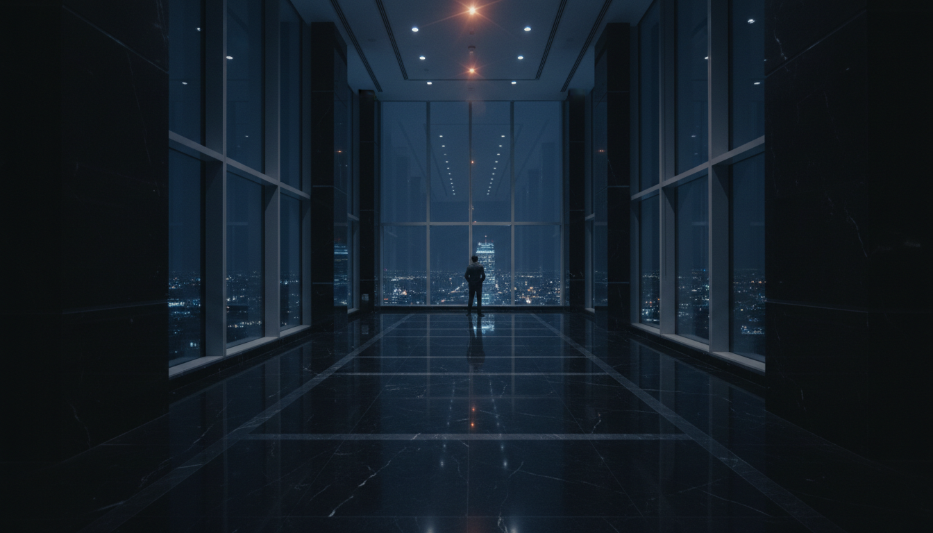High-end building lobby at night with security silhouette