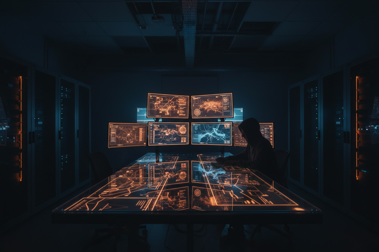 Cybersecurity operations center with glowing monitors