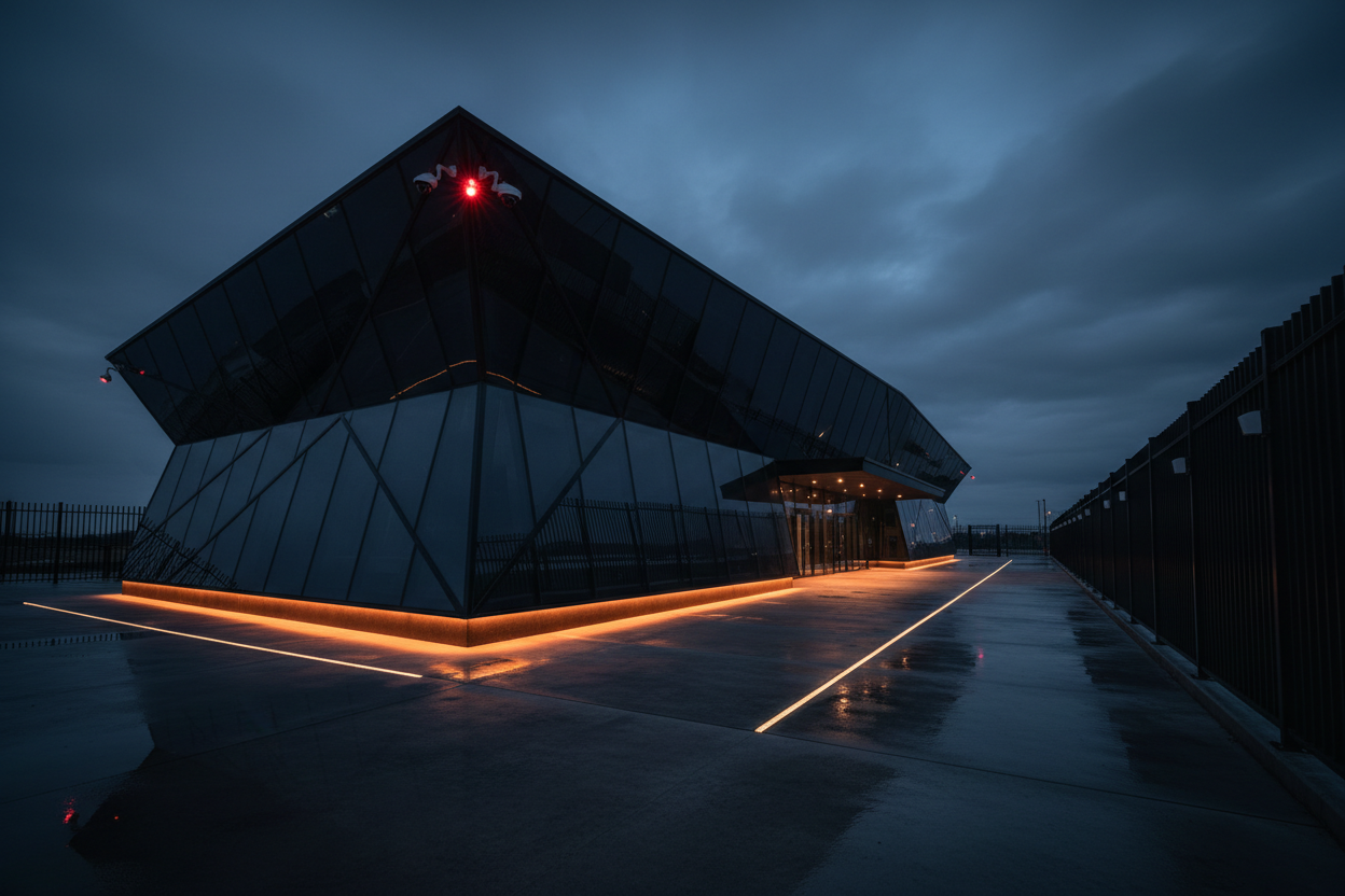 High-security compound exterior at night