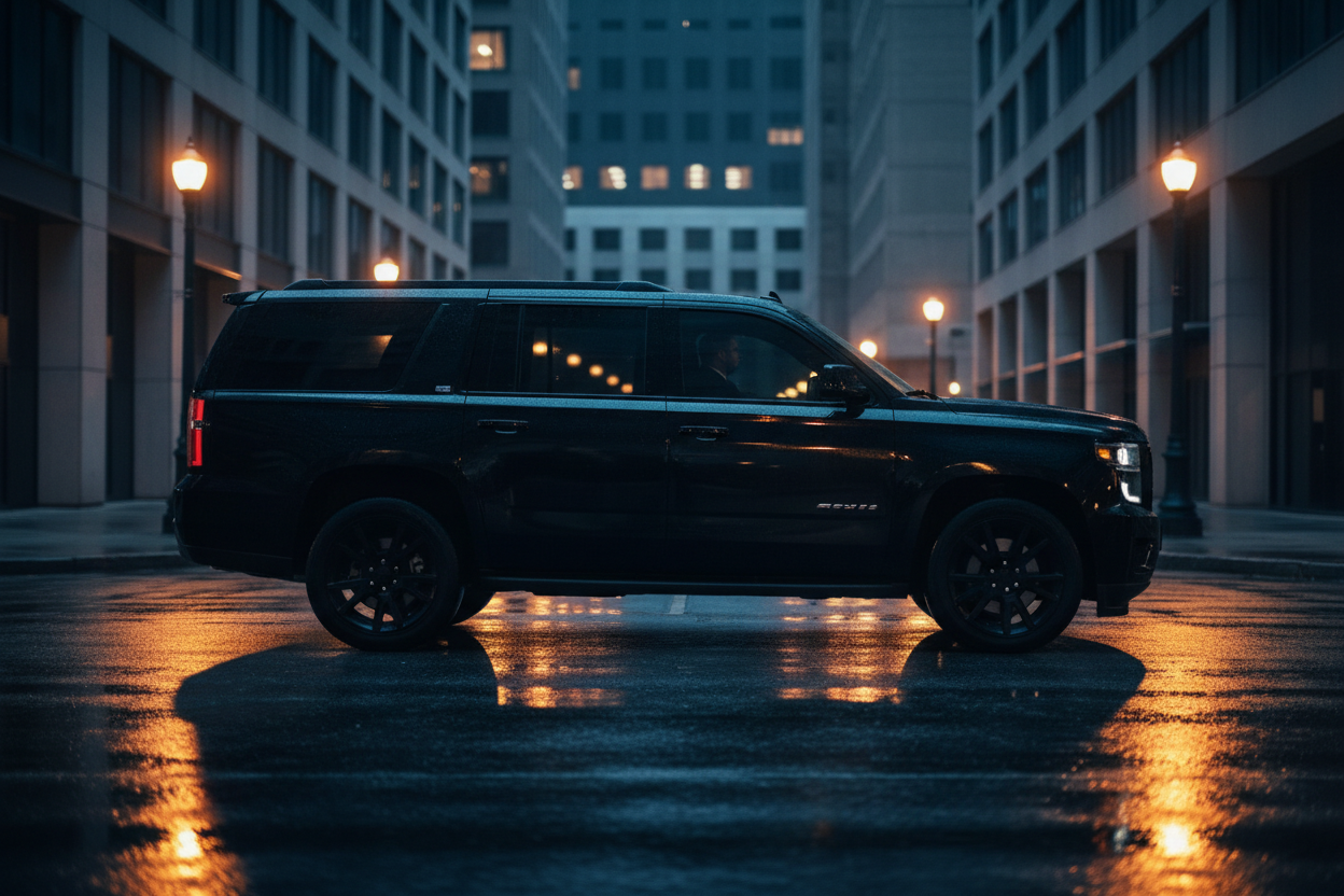 Black armored executive SUV on dark street