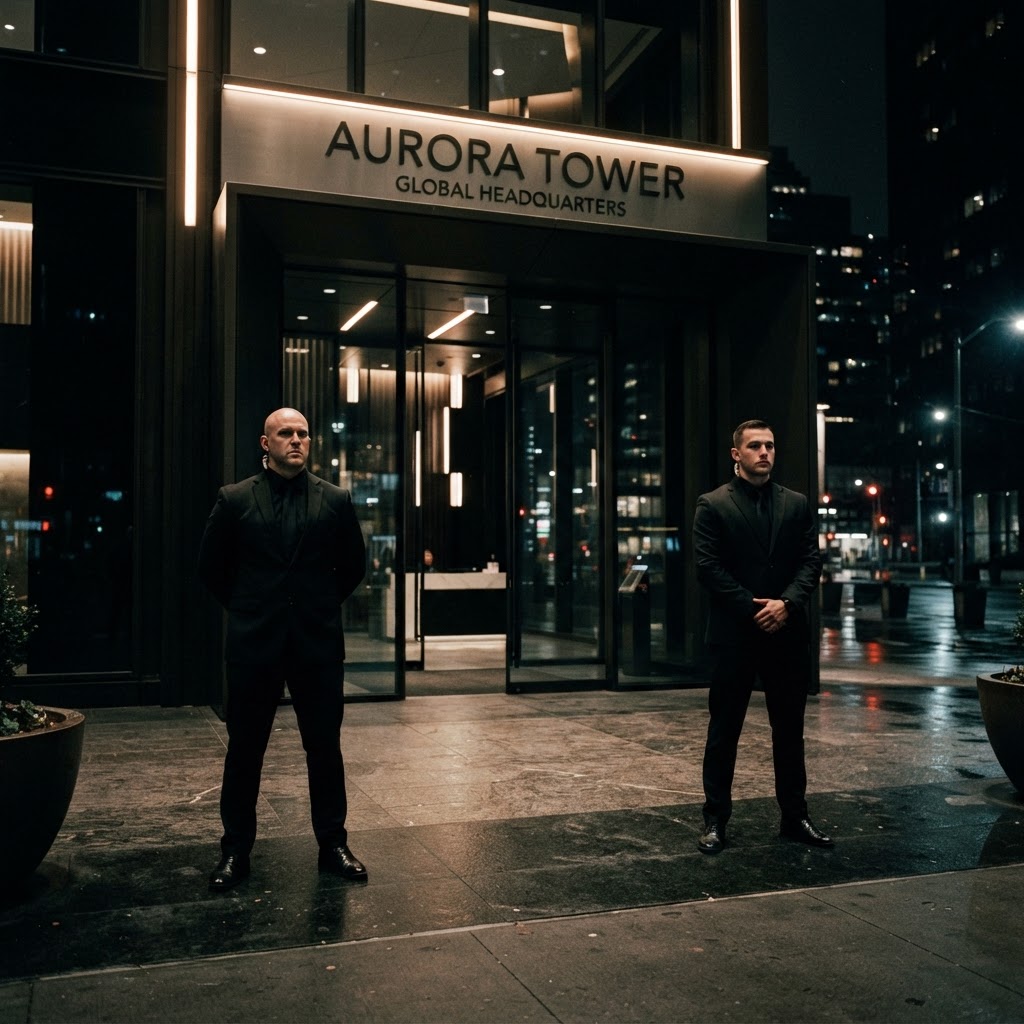 Two security officers in smart suits standing guard securing a building