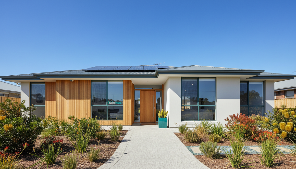 Modern Australian home with solar panels and native garden