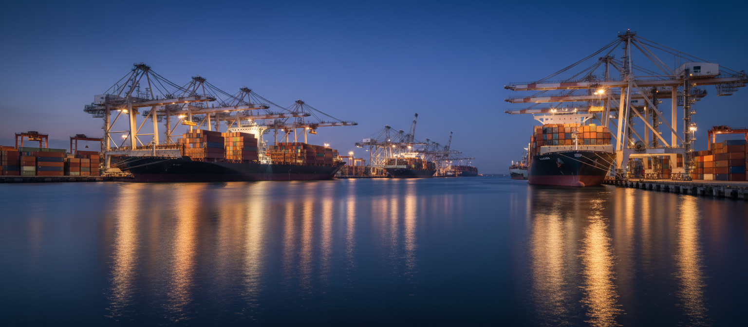 Global logistics port at twilight