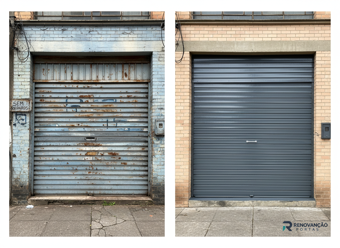 Antes e depois de porta renovada