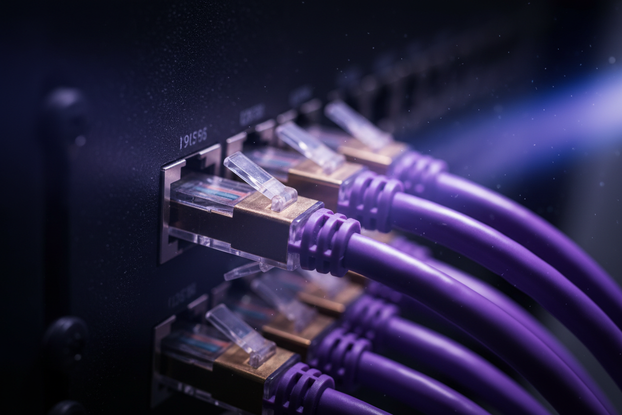 Macro photograph of gold-plated RJ45 connectors and purple network cabling in a server rack
