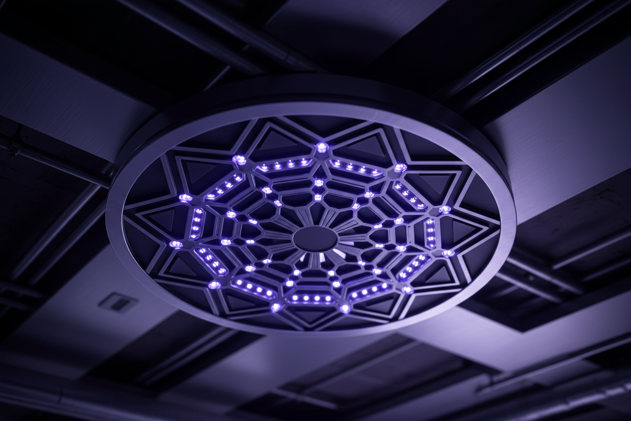 Macro photograph of a modern wireless access point with violet LED lights