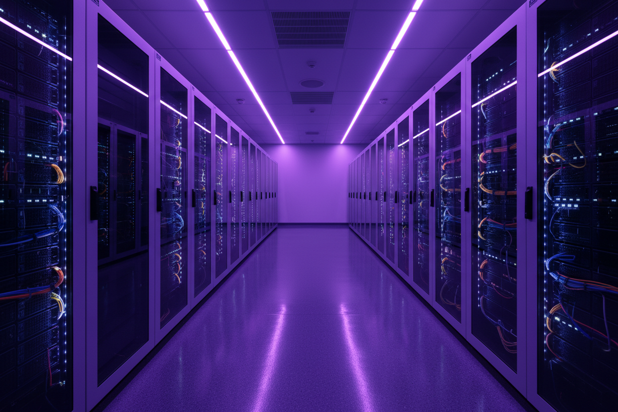 Wide-angle photograph of a pristine server room with illuminated server racks and purple lighting