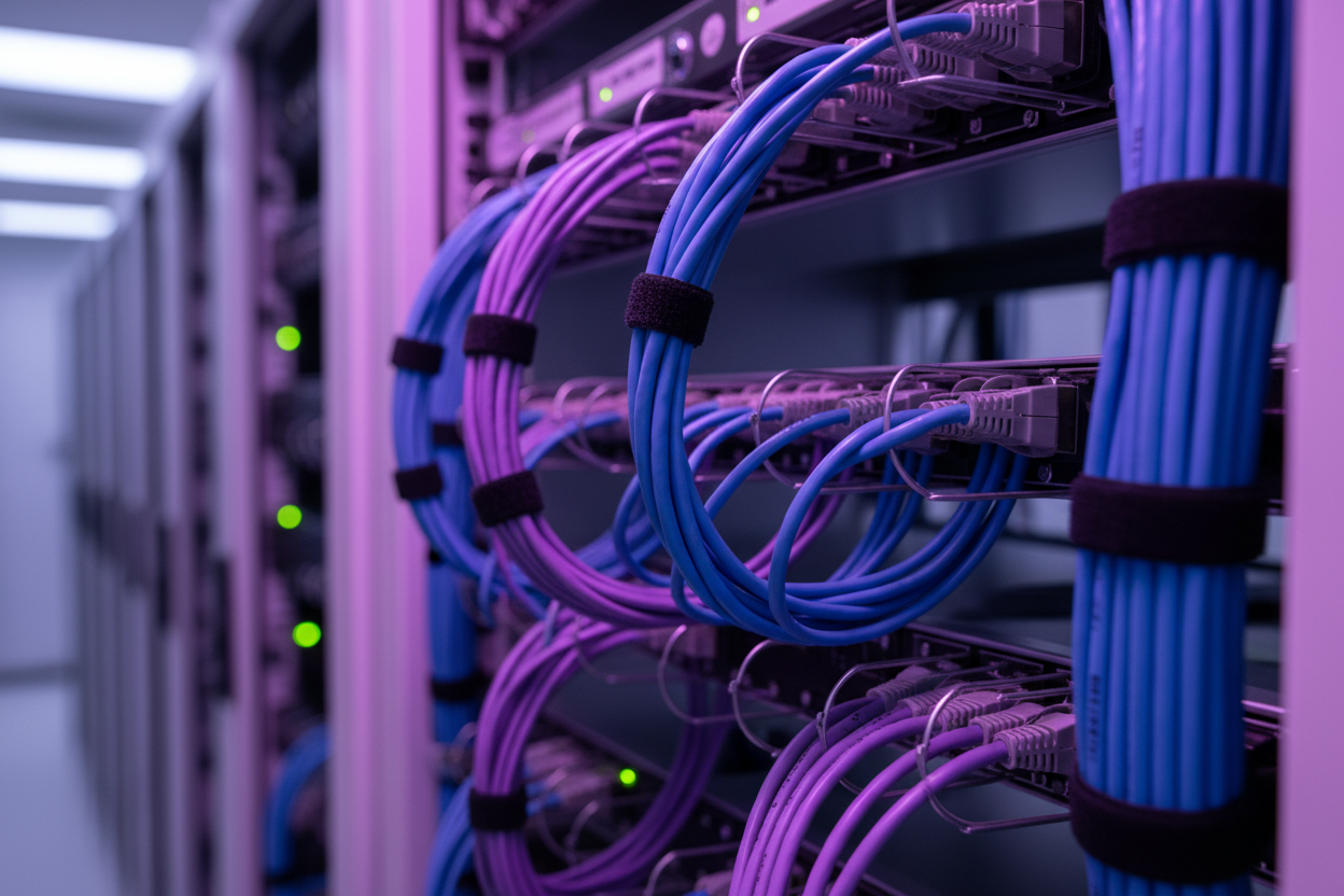 Macro photograph of structured CAT6 network cabling neatly organized in a server rack