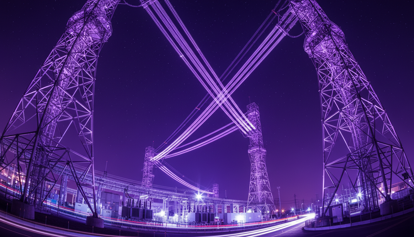Wide-angle view of modern telecommunications infrastructure at night with violet fiber optic light