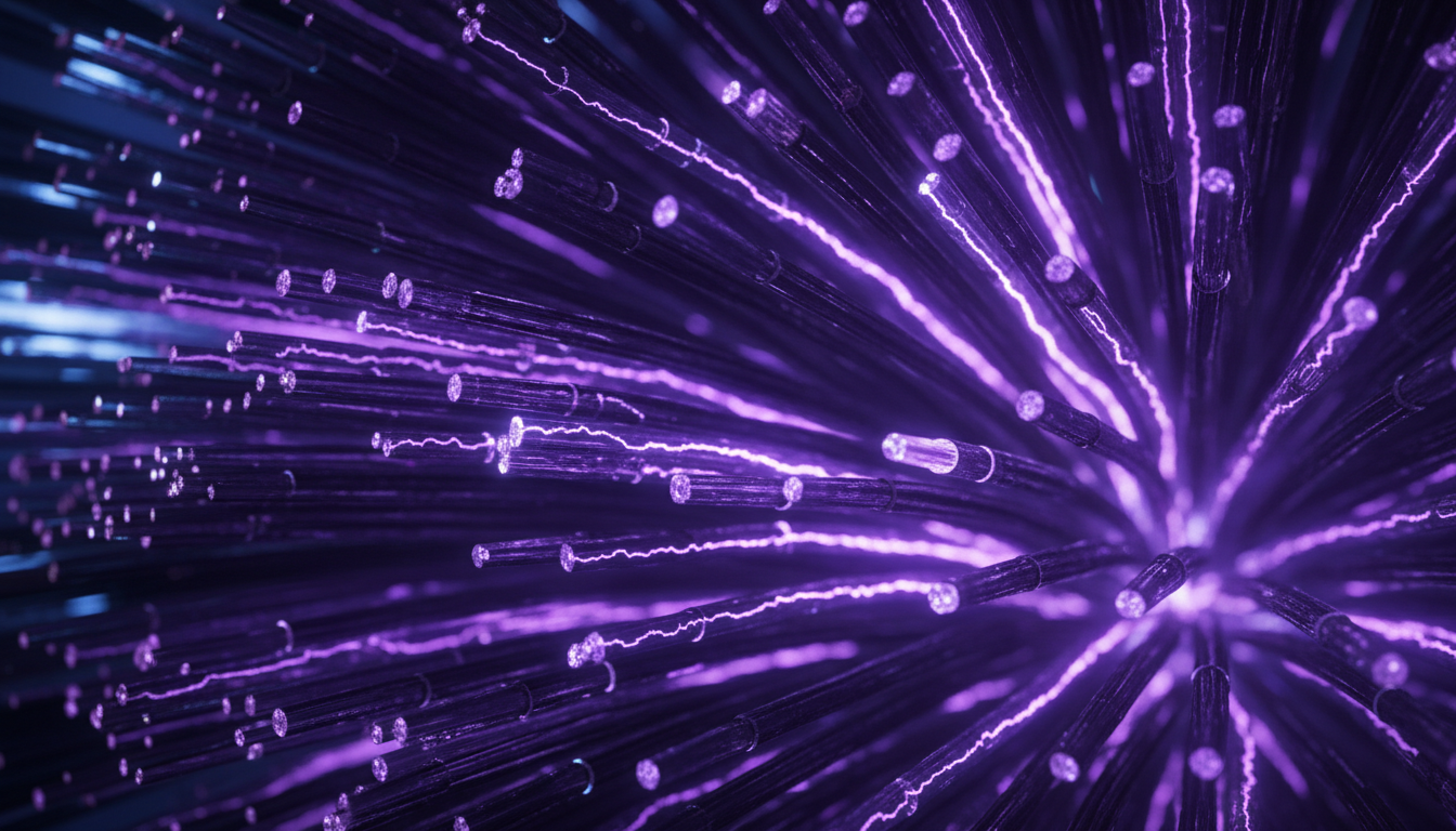 Macro photograph of fiber optic cables with glowing violet light