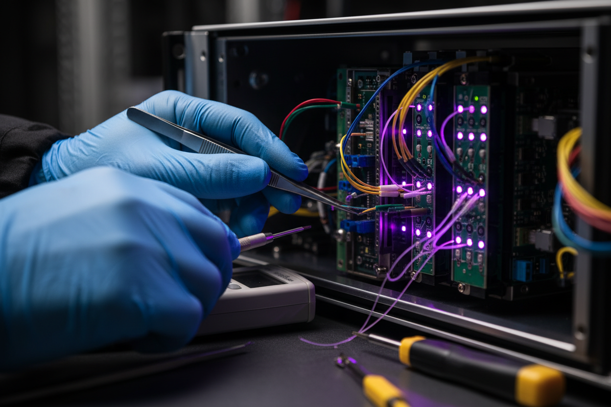 Macro photograph of technician's gloved hands using precision tools on fiber optic equipment