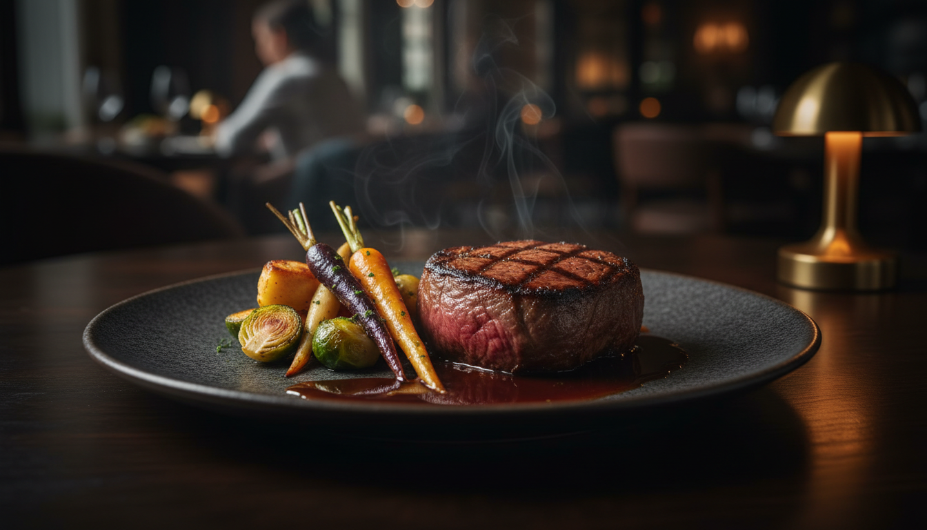 Seared steak main course with roasted vegetables and rich jus