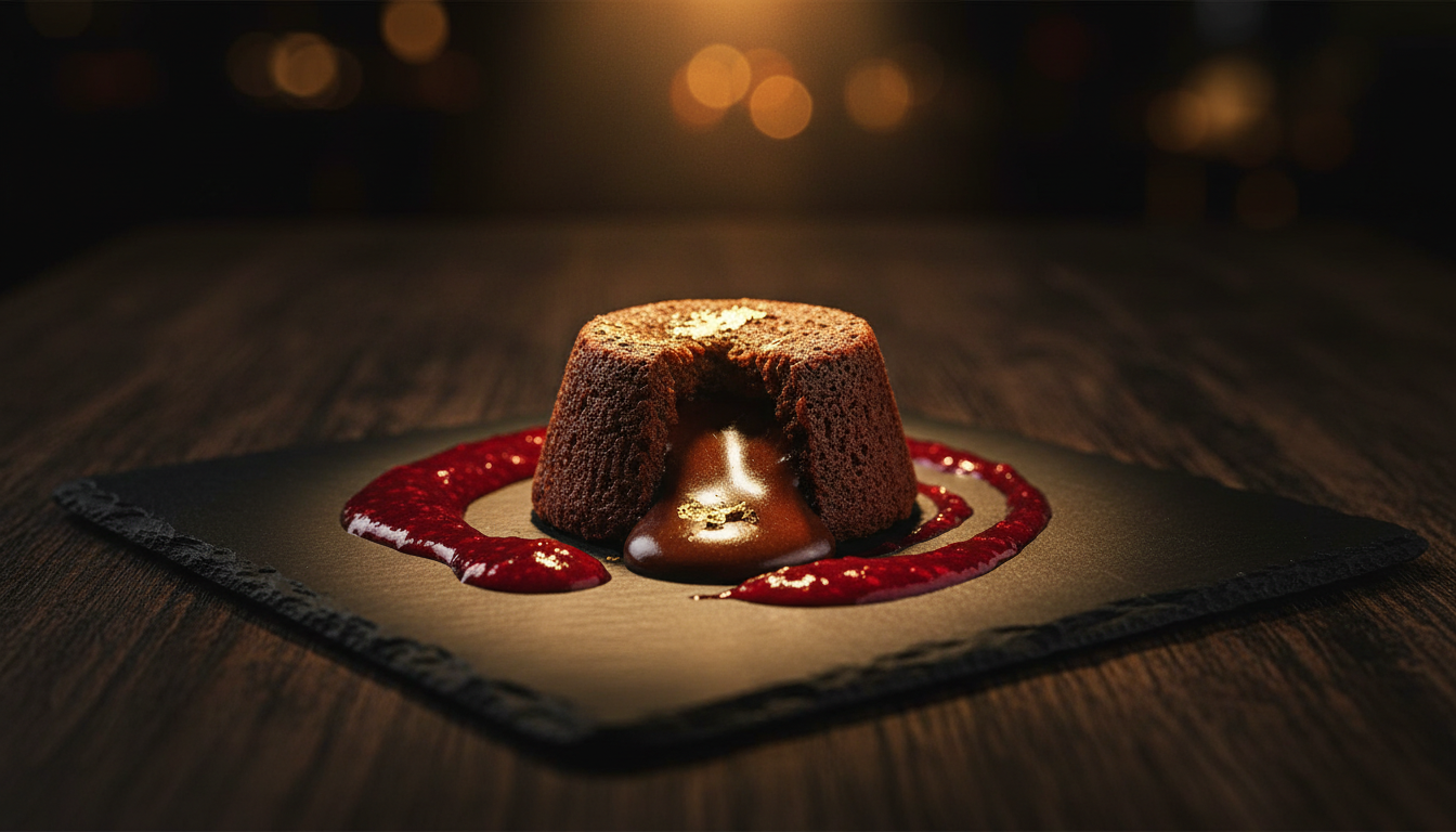 Chocolate fondant dessert with gold leaf and raspberry coulis