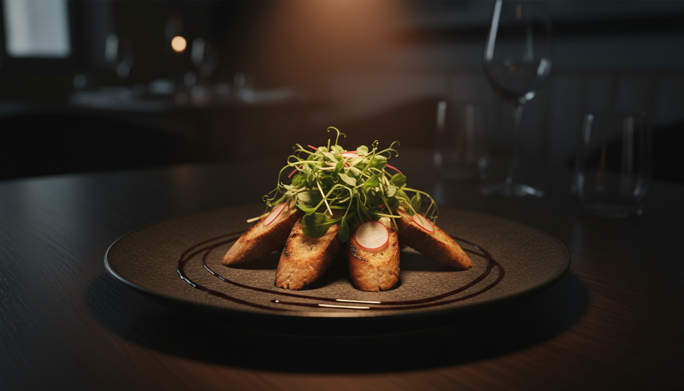 Elegant starter course with micro greens and balsamic reduction