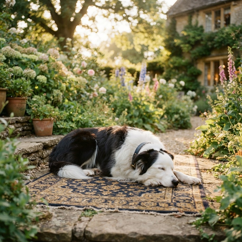 A serene dog resting in a Cotswold garden