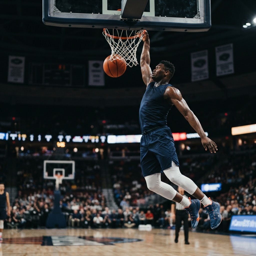 Basketball player leaping to the hoop
