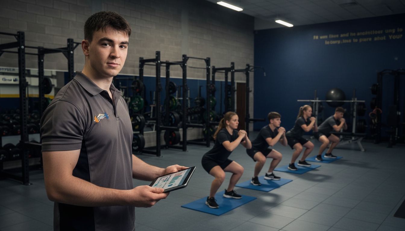 Coach teaching student athletes in school sports hall