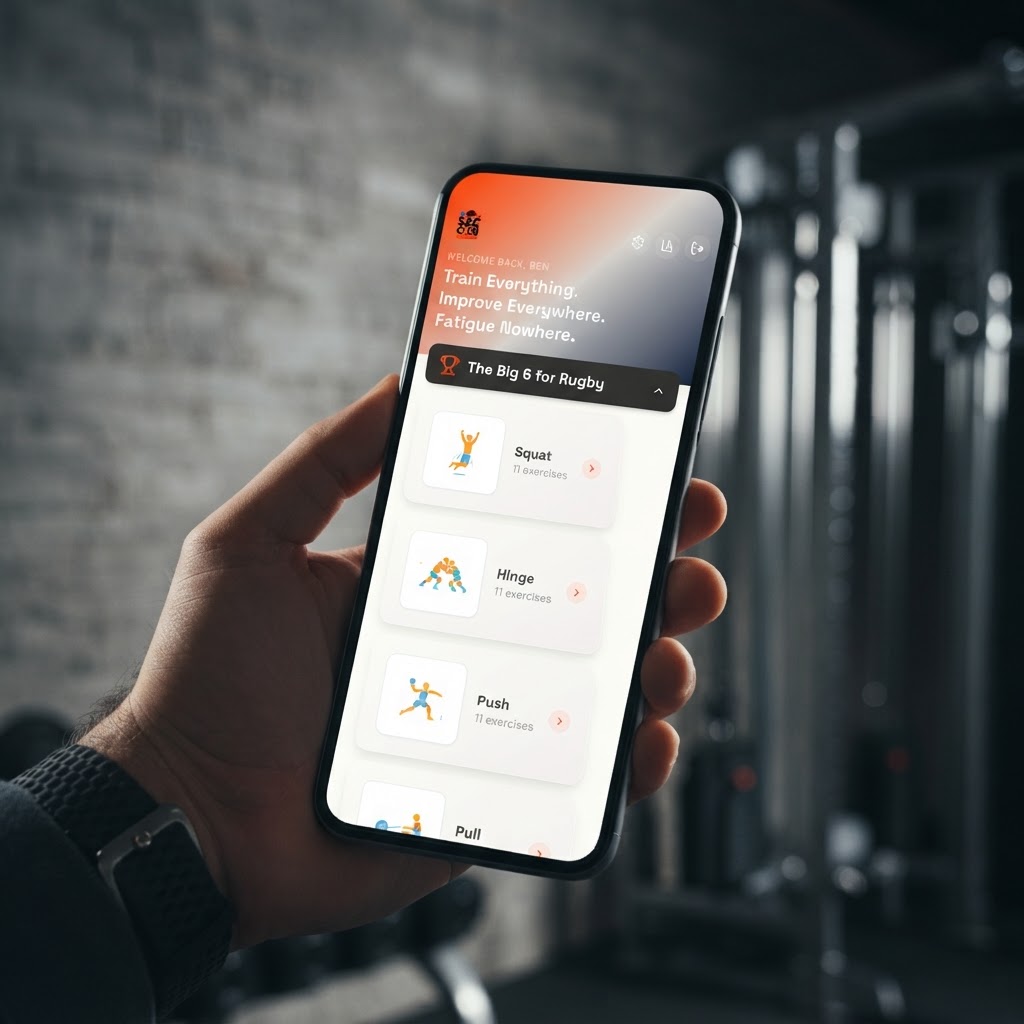 Train Everything app showing workout tracking interface in hand